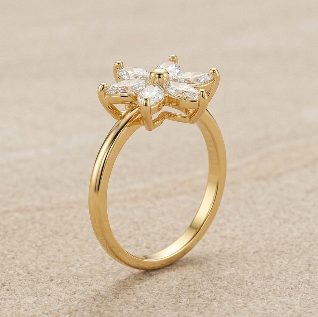 925 Sterling Silver Clear Starburst Floral Ring Yellow Gold Finish Jewellery for Women - Size 8