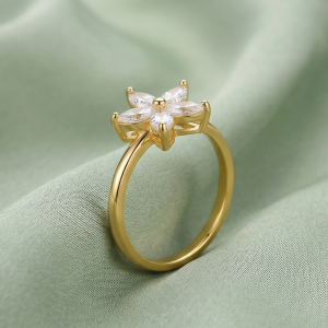 925 Sterling Silver Clear Starburst Floral Ring Yellow Gold Finish Jewellery for Women - Size 8