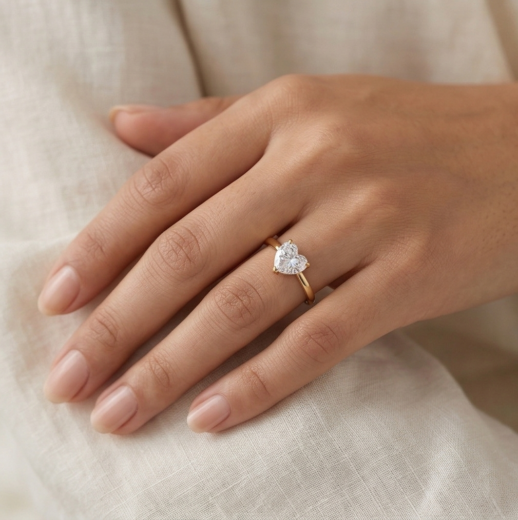 925 Sterling Silver Clear Heart Solitaire Ring Yellow Gold Finish Jewellery for Women - Size 7