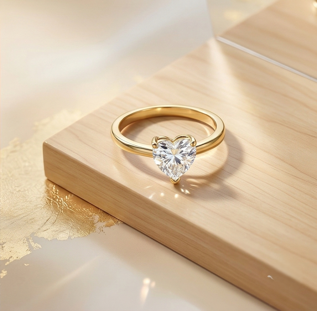 925 Sterling Silver Clear Heart Solitaire Ring Yellow Gold Finish Jewellery for Women - Size 7