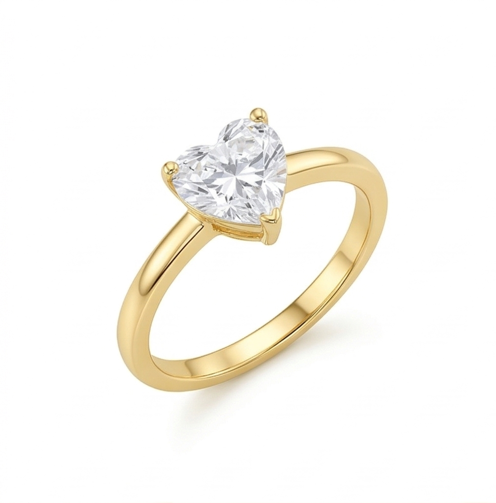 925 Sterling Silver Clear Heart Solitaire Ring Yellow Gold Finish Jewellery for Women - Size 8