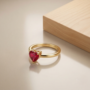 925 Sterling Silver Red Heart Solitaire Ring Yellow Gold Finish Jewellery for Women - Size 7