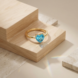 925 Sterling Silver Blue Heart Solitaire Ring Yellow Gold Finish Jewellery for Women - Size 8