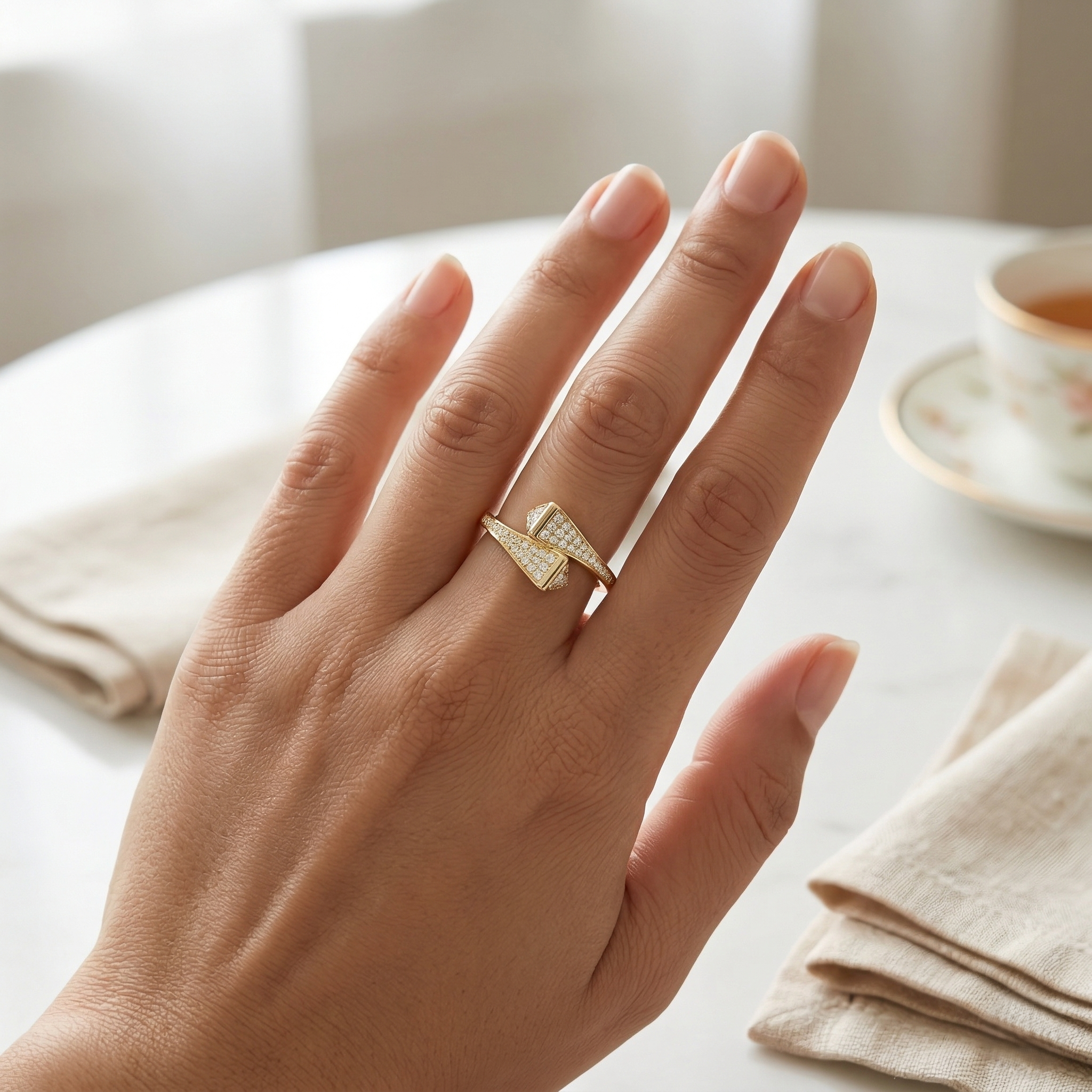 925 Sterling Silver Clear Stone Geometric Bypass Ring Yellow Gold Finish Jewellery for Women - Size 8