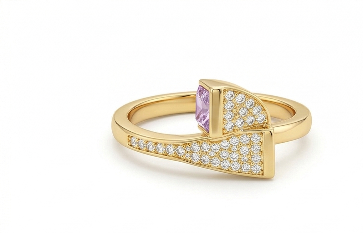 925 Sterling Silver Pink Stone Geometric Bypass Ring Yellow Gold Finish Jewellery for Women - Size 7