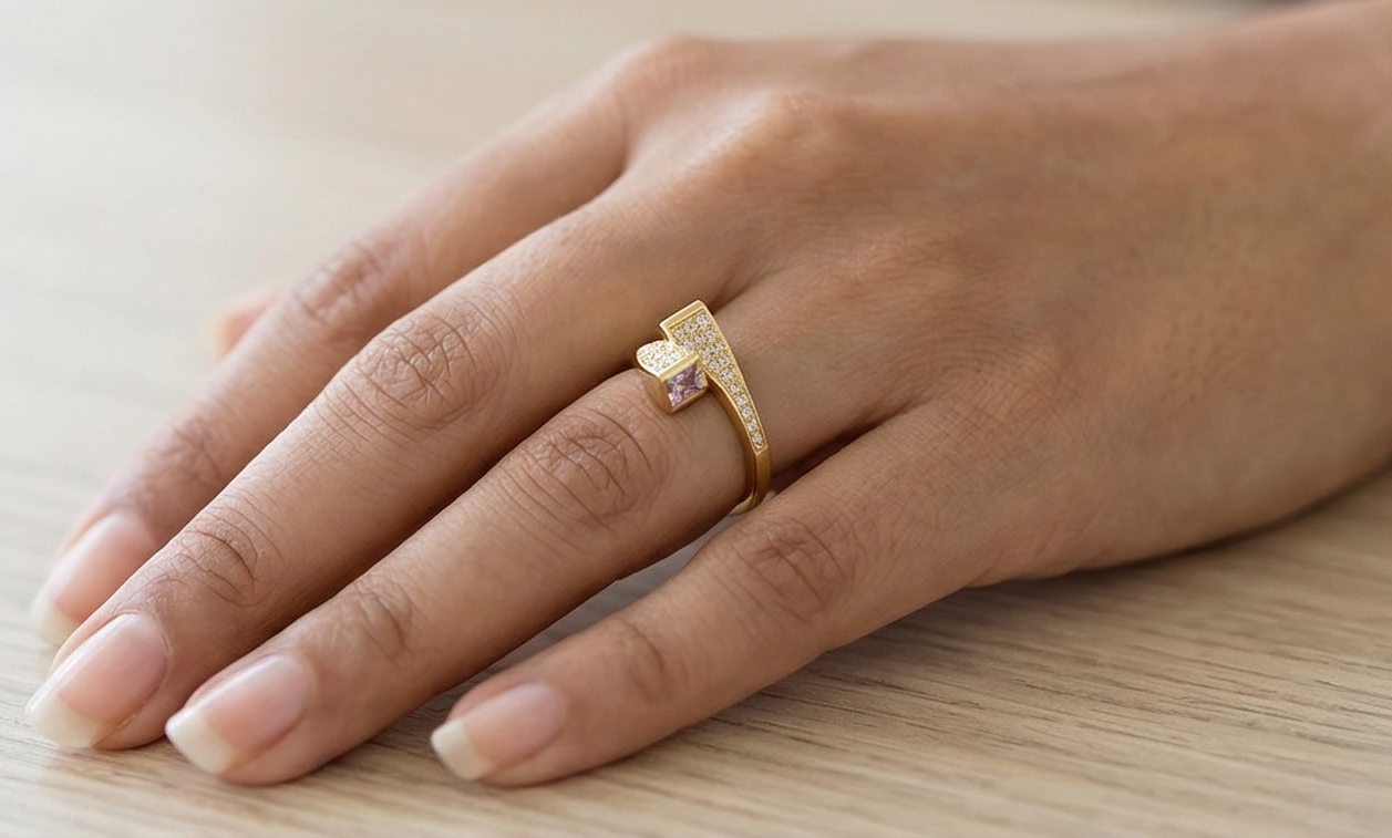 925 Sterling Silver Pink Stone Geometric Bypass Ring Yellow Gold Finish Jewellery for Women - Size 7