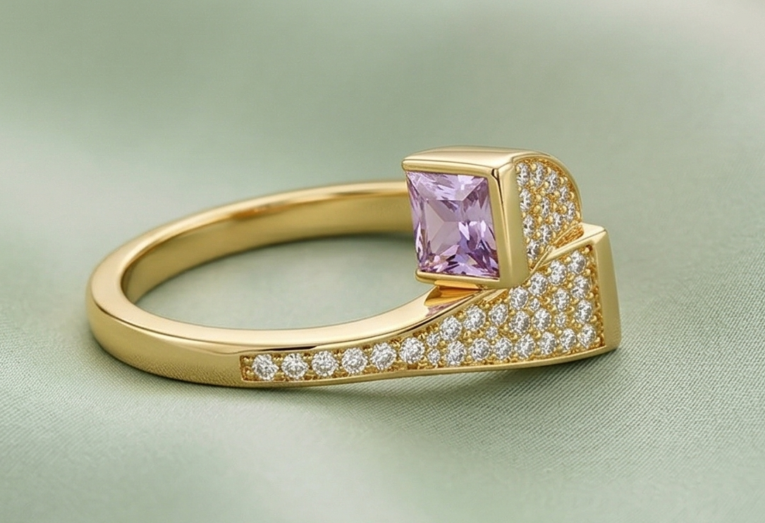 925 Sterling Silver Pink Stone Geometric Bypass Ring Yellow Gold Finish Jewellery for Women - Size 7