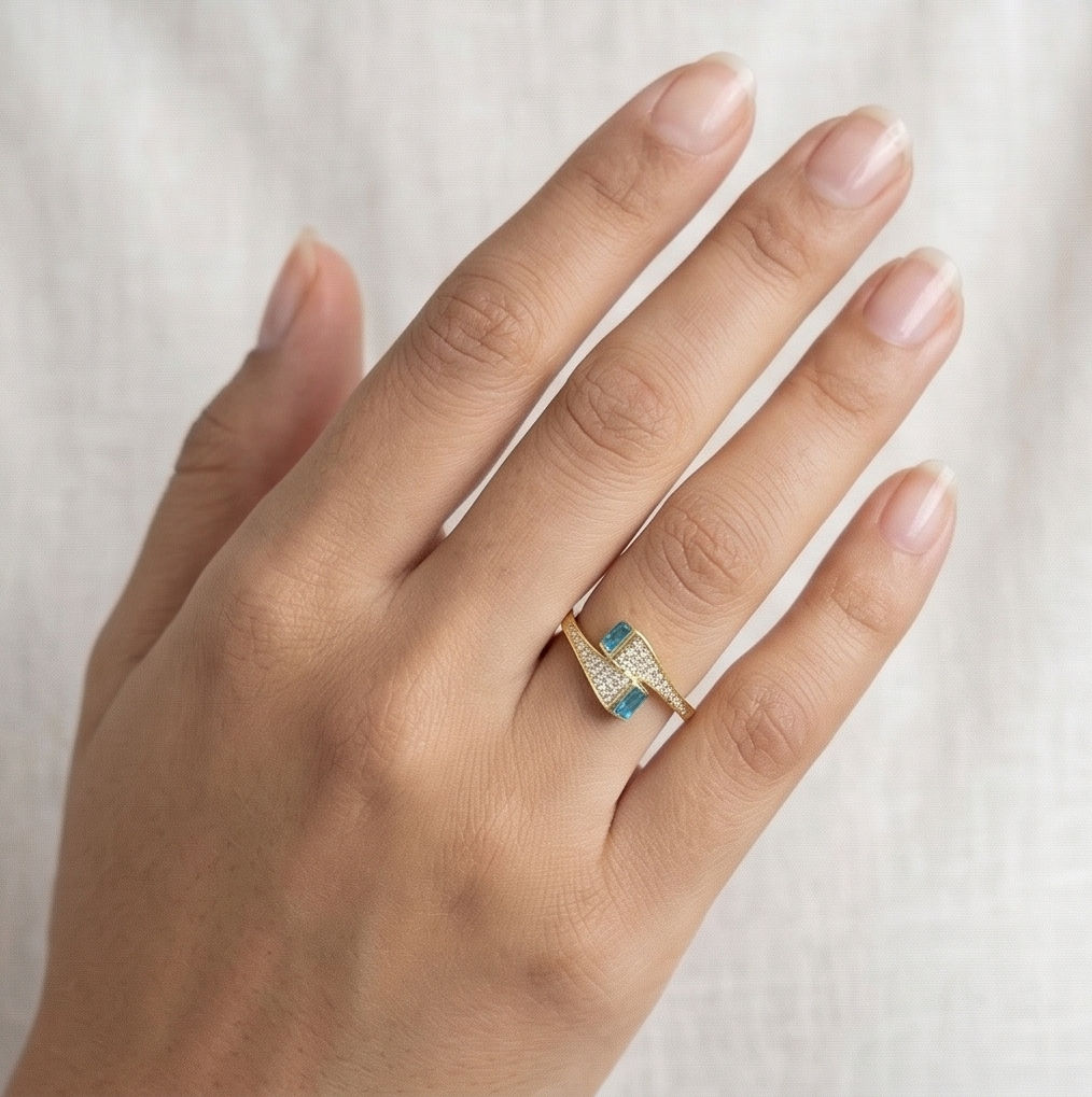 925 Sterling Silver Blue Stone Bypass Ring Yellow Gold Finish Jewellery for Women - Size 7