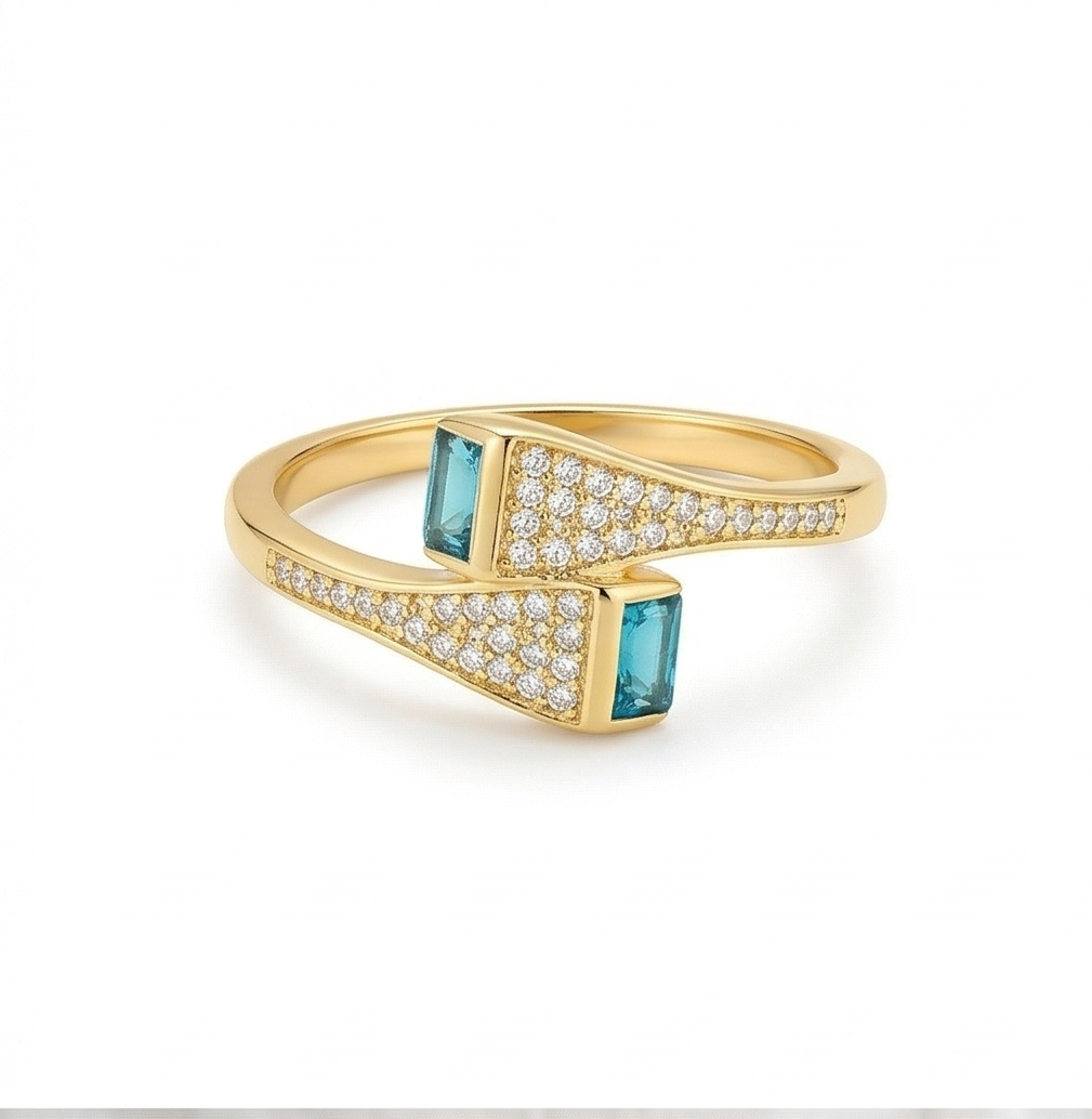 925 Sterling Silver Blue Stone Bypass Ring Yellow Gold Finish Jewellery for Women - Size 9