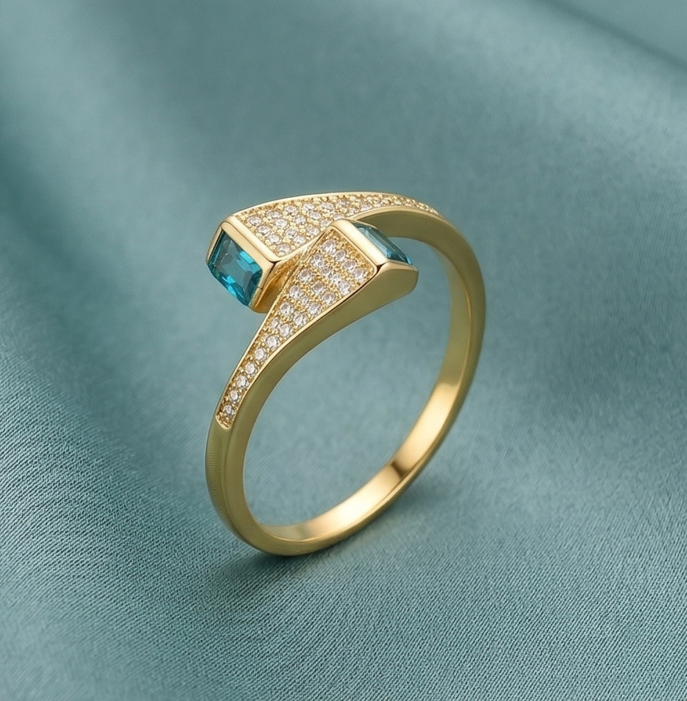 925 Sterling Silver Blue Stone Bypass Ring Yellow Gold Finish Jewellery for Women - Size 9