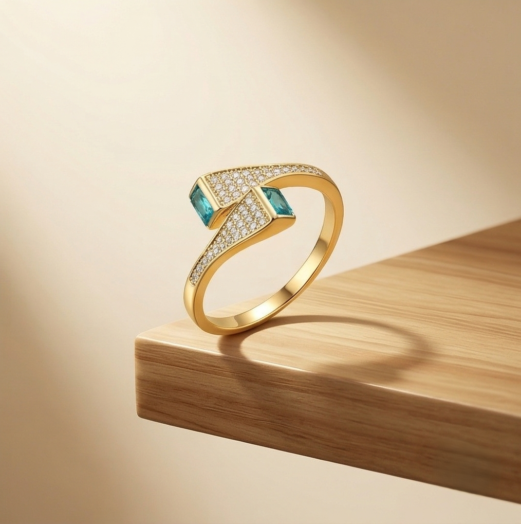 925 Sterling Silver Blue Stone Bypass Ring Yellow Gold Finish Jewellery for Women - Size 9