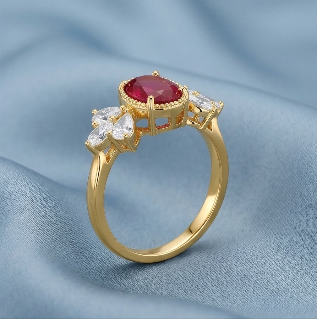 925 Sterling Silver Red Oval Vintage Ring Yellow Gold Finish Jewellery for Women - Size 7