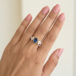 925 Sterling Silver Blue Oval Vintage Ring Yellow Gold Finish Jewellery for Women - Size 7