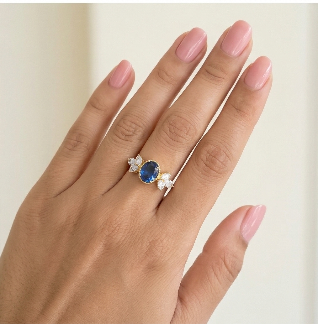 925 Sterling Silver Blue Oval Vintage Ring Yellow Gold Finish Jewellery for Women - Size 7