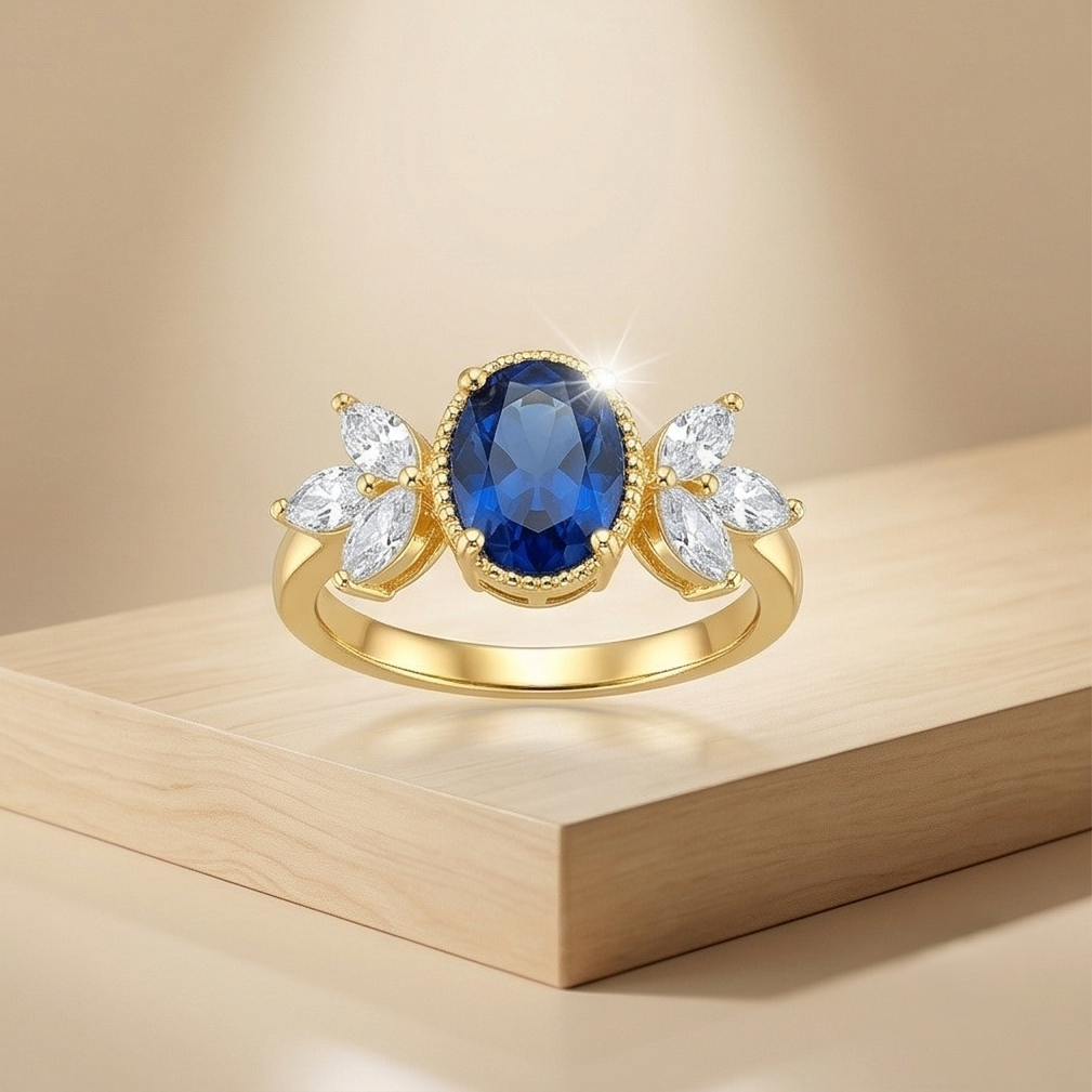 925 Sterling Silver Blue Oval Vintage Ring Yellow Gold Finish Jewellery for Women - Size 7