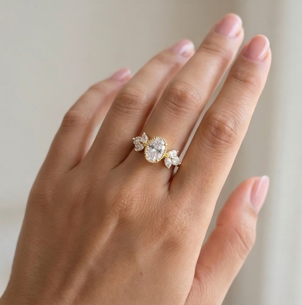 925 Sterling Silver Clear Oval Vintage Ring Yellow Gold Finish Jewellery for Women - Size 6