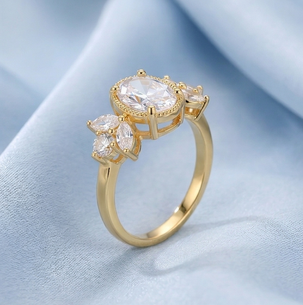 925 Sterling Silver Clear Oval Vintage Ring Yellow Gold Finish Jewellery for Women - Size 6