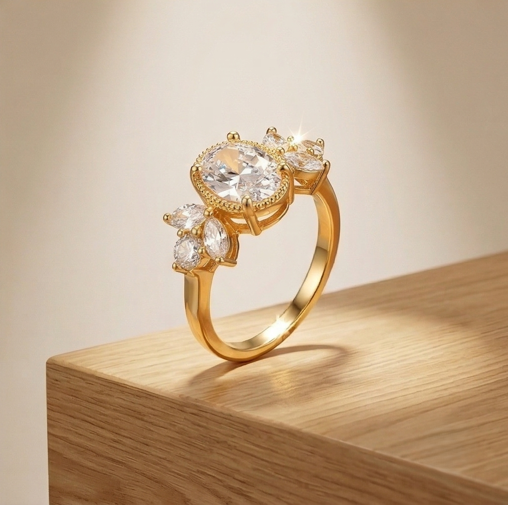 925 Sterling Silver Clear Oval Vintage Ring Yellow Gold Finish Jewellery for Women - Size 6