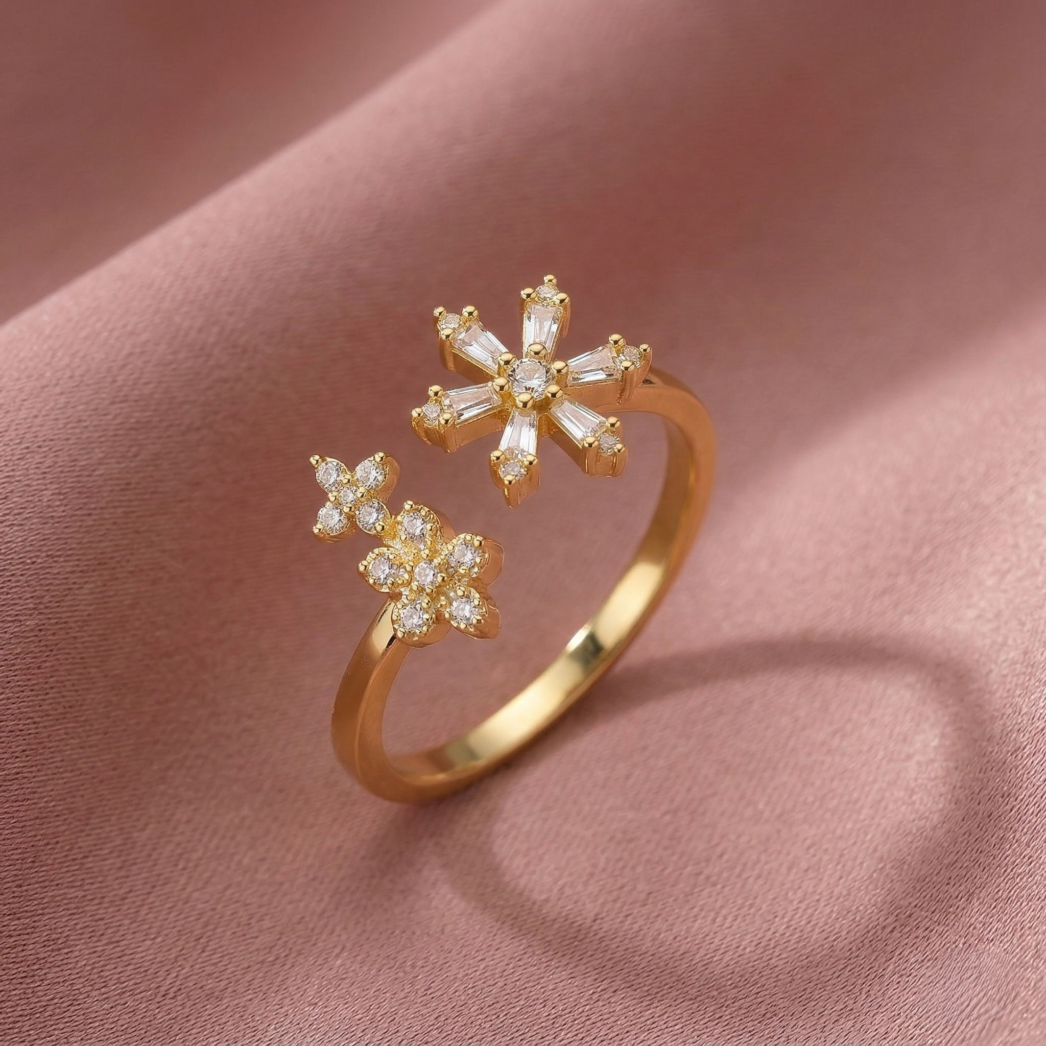 925 Sterling Silver Clear Snowflake Open Ring Yellow Gold Finish Jewellery for Women - Size 6