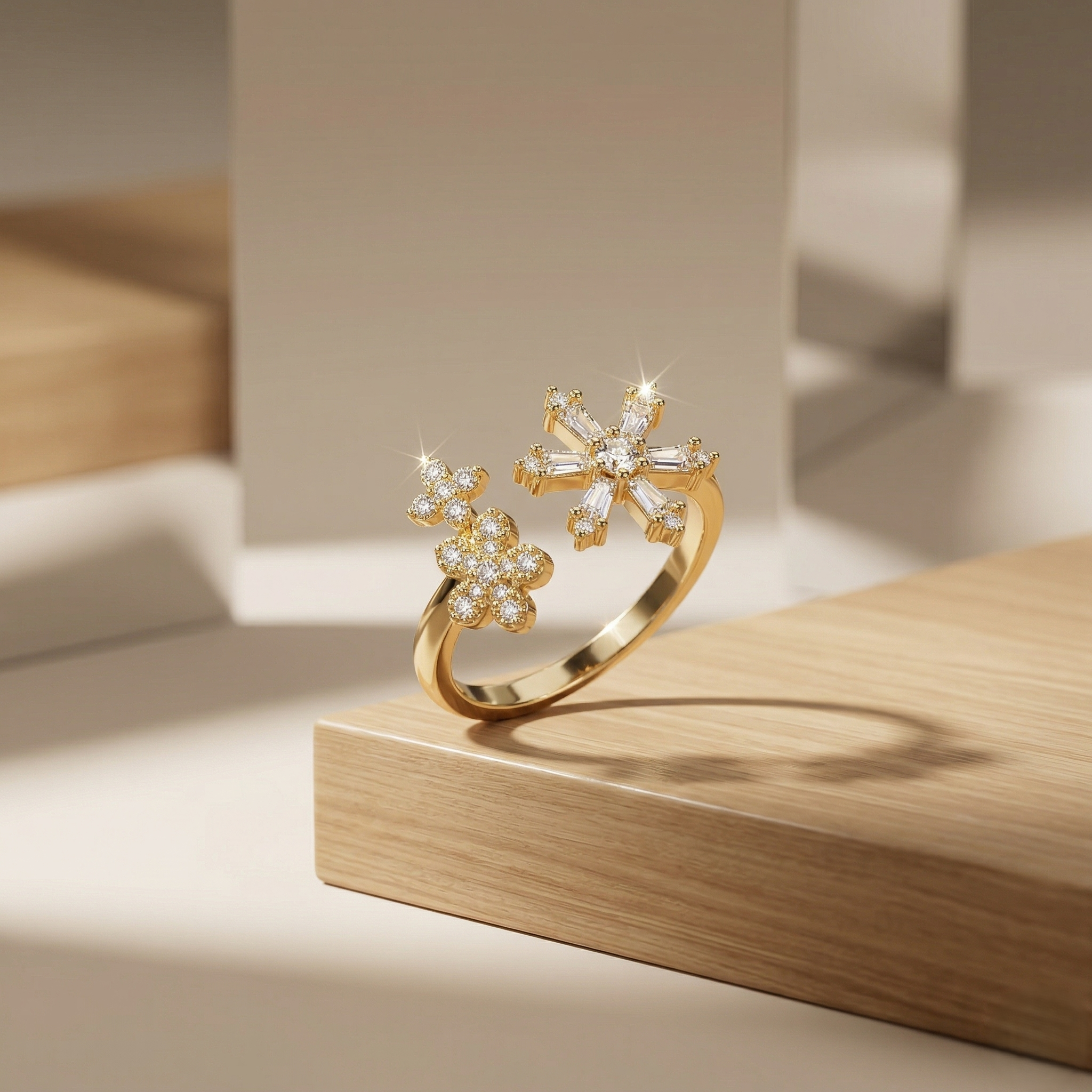 925 Sterling Silver Clear Snowflake Open Ring Yellow Gold Finish Jewellery for Women - Size 6
