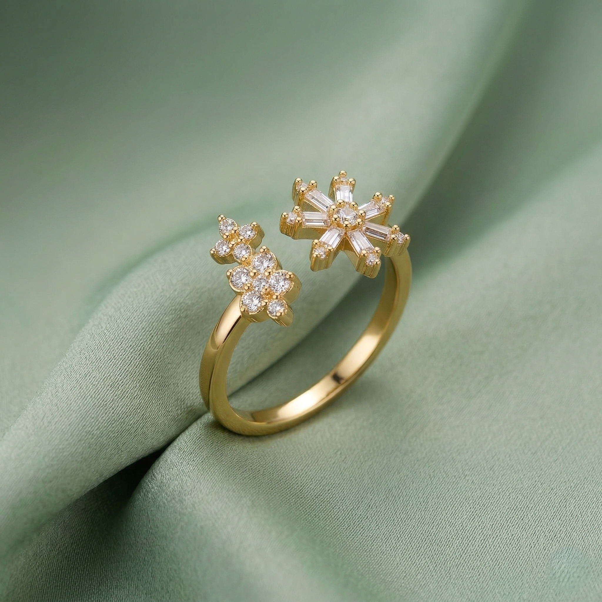 925 Sterling Silver Clear Snowflake Open Ring Yellow Gold Finish Jewellery for Women - Size 7