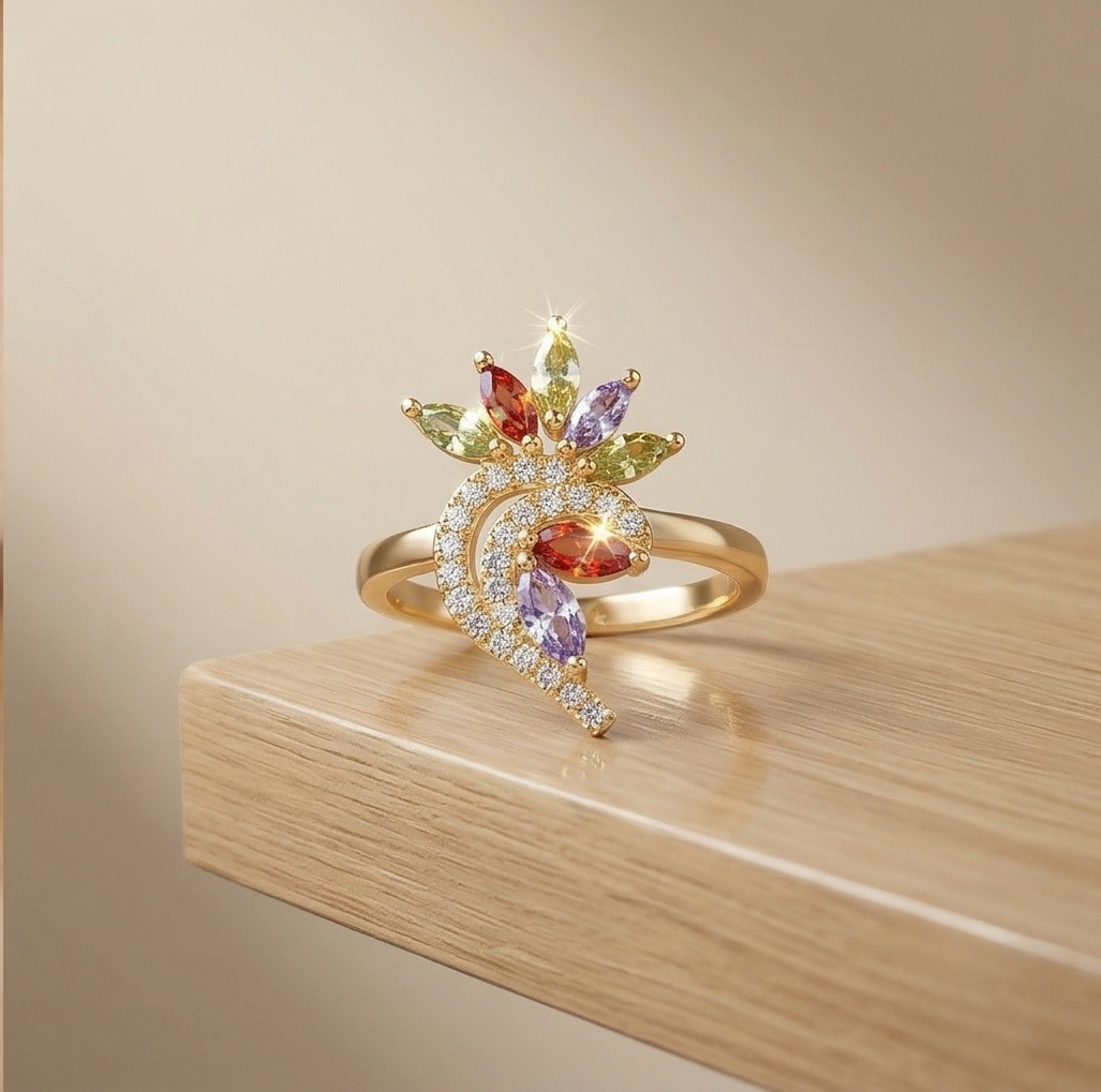 925 Sterling Silver Multi-Color Floral Swirl Ring Yellow Gold Finish Jewellery for Women - Size 7