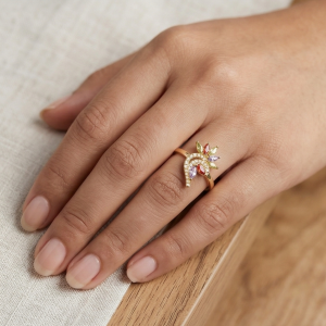 925 Sterling Silver Multi-Color Floral Swirl Ring Yellow Gold Finish Jewellery for Women - Size 7