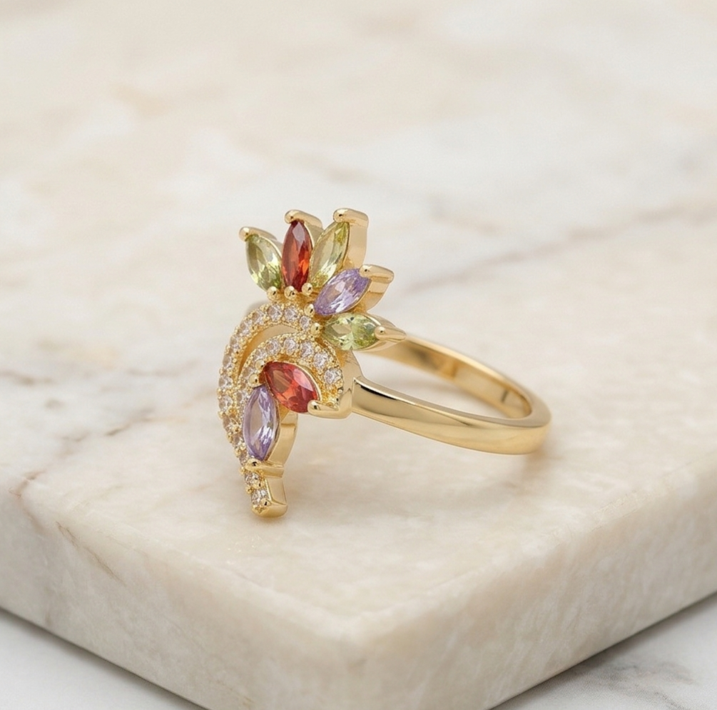 925 Sterling Silver Multi-Color Floral Swirl Ring Yellow Gold Finish Jewellery for Women - Size 7