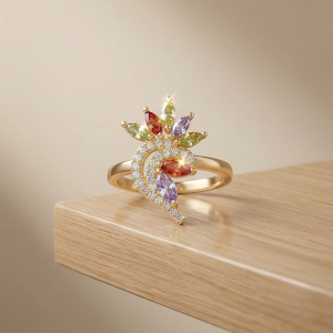 925 Sterling Silver Multi-Color Floral Swirl Ring Yellow Gold Finish Jewellery for Women - Size 8