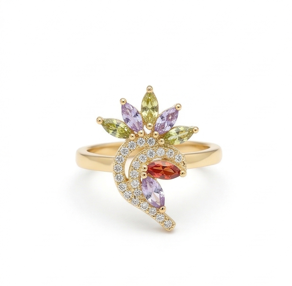 925 Sterling Silver Multi-Color Floral Swirl Ring Yellow Gold Finish Jewellery for Women - Size 6