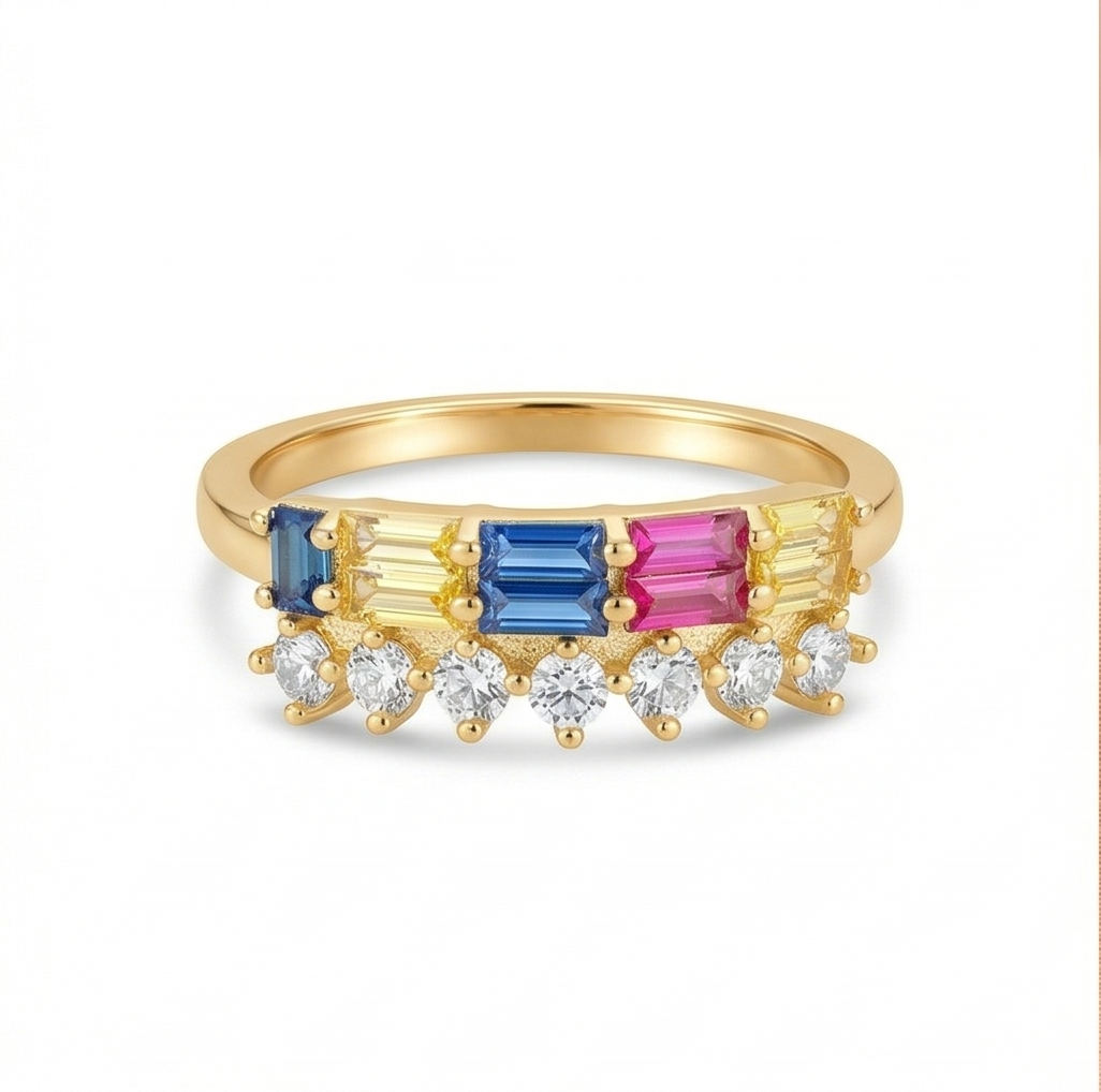 925 Sterling Silver Multi-Color Double Row Band Ring Yellow Gold Finish Jewellery for Women - Size 8