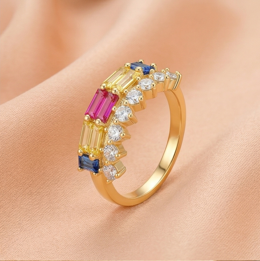 925 Sterling Silver Multi-Color Double Row Band Ring Yellow Gold Finish Jewellery for Women - Size 8
