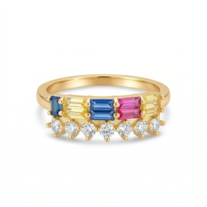 925 Sterling Silver Multi-Color Double Row Band Ring Yellow Gold Finish Jewellery for Women - Size 7