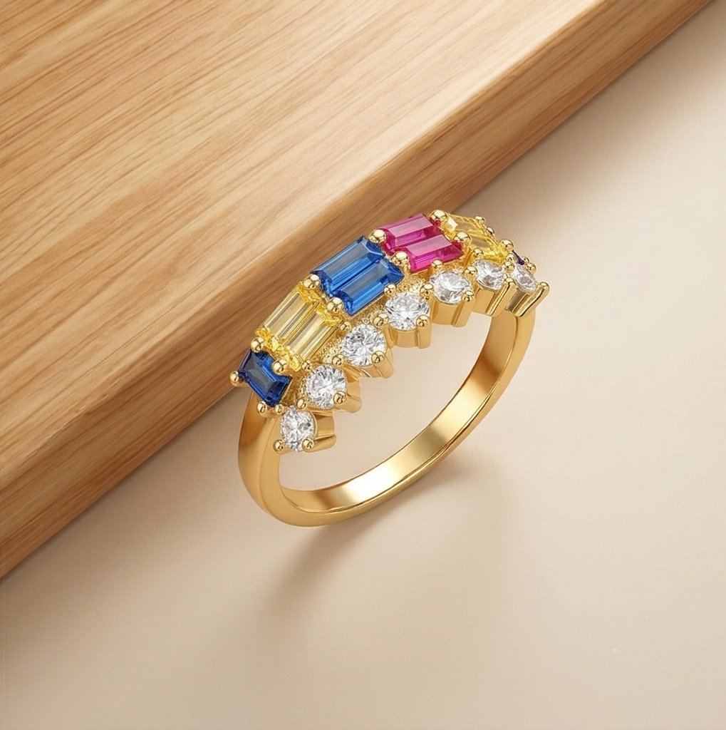 925 Sterling Silver Multi-Color Double Row Band Ring Yellow Gold Finish Jewellery for Women - Size 8