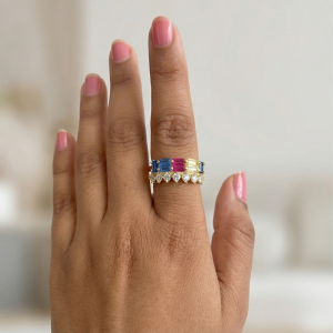925 Sterling Silver Multi-Color Double Row Band Ring Yellow Gold Finish Jewellery for Women - Size 7