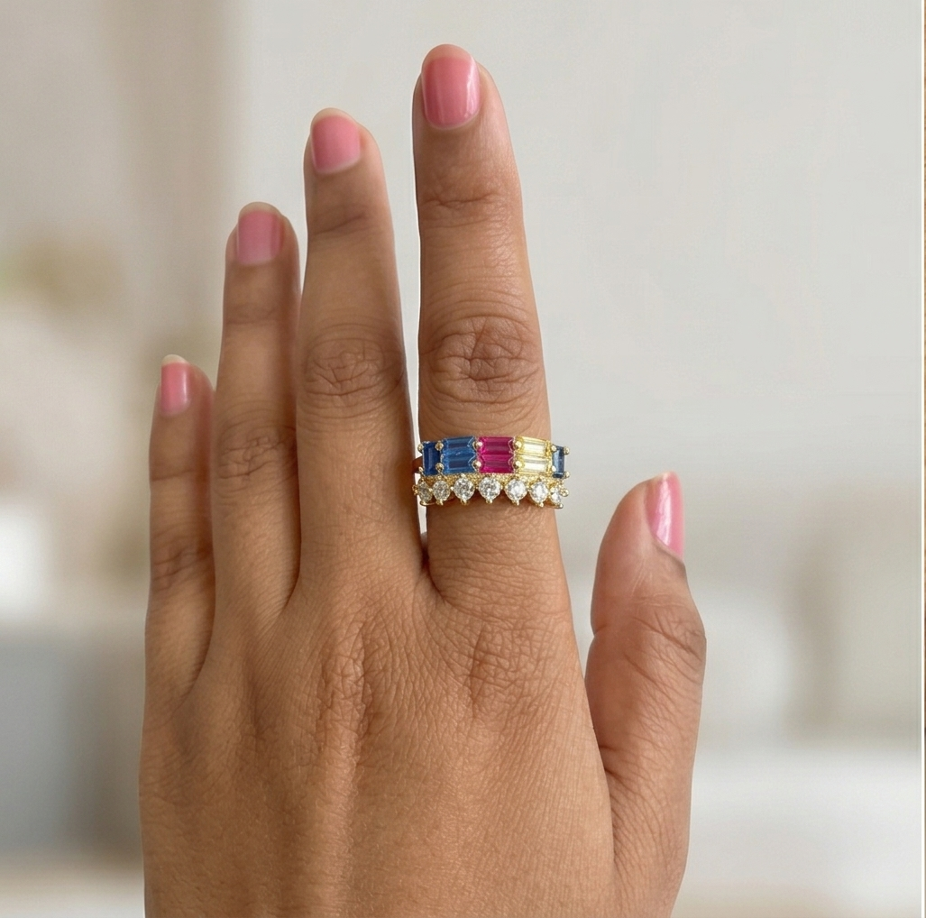 925 Sterling Silver Multi-Color Double Row Band Ring Yellow Gold Finish Jewellery for Women - Size 7
