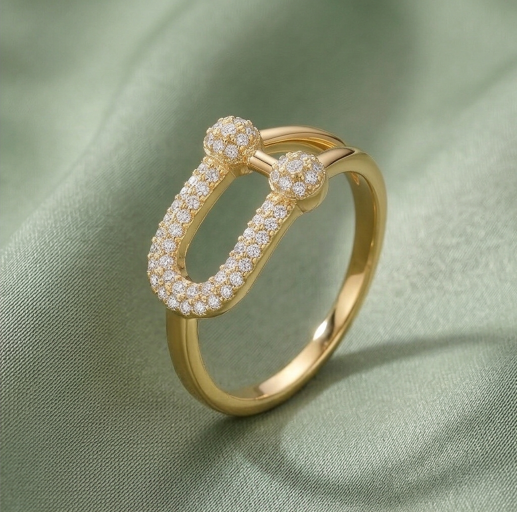 925 Sterling Silver U-Link Statement Ring with Yellow Gold Finish Contemporary Women's Jewellery - Size 9
