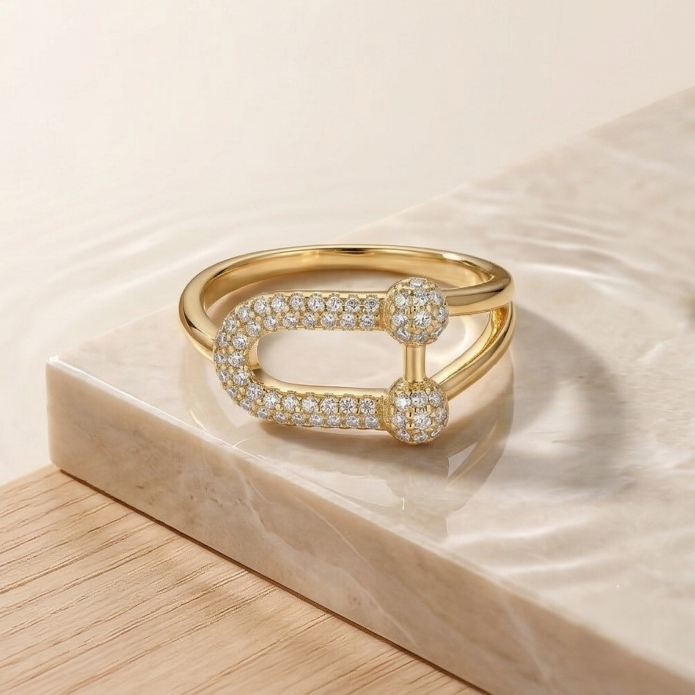925 Sterling Silver U-Link Statement Ring with Yellow Gold Finish Contemporary Women's Jewellery - Size 7