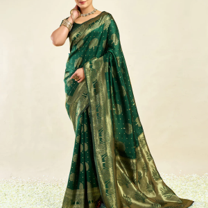 AXONIT Women's Silk Blend Banarasi Jacquard Zari Motifs Design Saree with Unstitched Blouse Piece