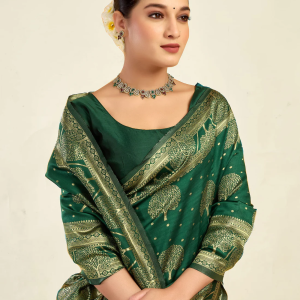 AXONIT Women's Silk Blend Banarasi Jacquard Zari Motifs Design Saree with Unstitched Blouse Piece