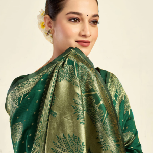 AXONIT Women's Silk Blend Banarasi Jacquard Zari Motifs Design Saree with Unstitched Blouse Piece