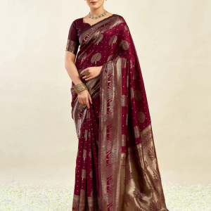 AXONIT Women's Silk Blend Banarasi Jacquard Zari Motifs Design Saree with Unstitched Blouse Piece