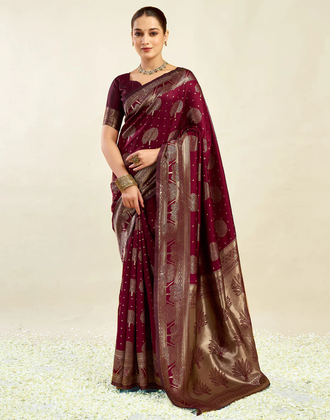 AXONIT Women's Silk Blend Banarasi Jacquard Zari Motifs Design Saree with Unstitched Blouse Piece