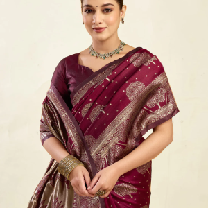 AXONIT Women's Silk Blend Banarasi Jacquard Zari Motifs Design Saree with Unstitched Blouse Piece