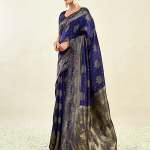 AXONIT Women's Silk Blend Banarasi Jacquard Zari Motifs Design Saree with Unstitched Blouse Piece