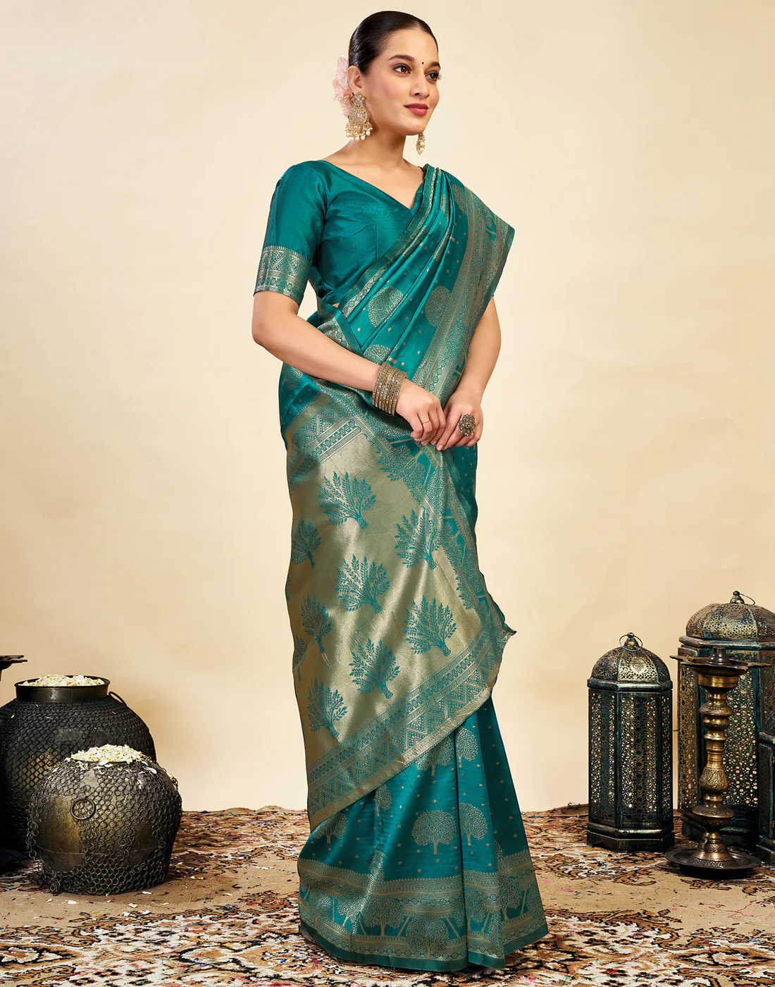 AXONIT Women's Silk Blend Banarasi Jacquard Zari Motifs Design Saree with Unstitched Blouse Piece