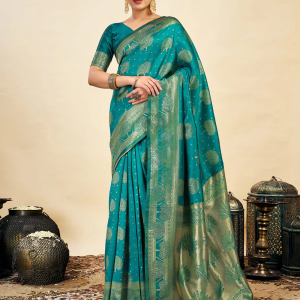 AXONIT Women's Silk Blend Banarasi Jacquard Zari Motifs Design Saree with Unstitched Blouse Piece