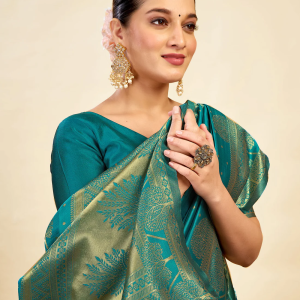 AXONIT Women's Silk Blend Banarasi Jacquard Zari Motifs Design Saree with Unstitched Blouse Piece