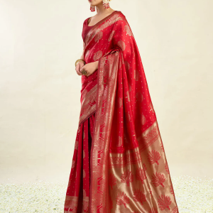 AXONIT Women's Silk Blend Banarasi Jacquard Zari Motifs Design Saree with Unstitched Blouse Piece