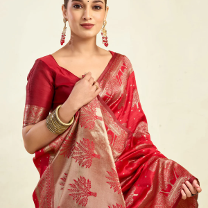 AXONIT Women's Silk Blend Banarasi Jacquard Zari Motifs Design Saree with Unstitched Blouse Piece